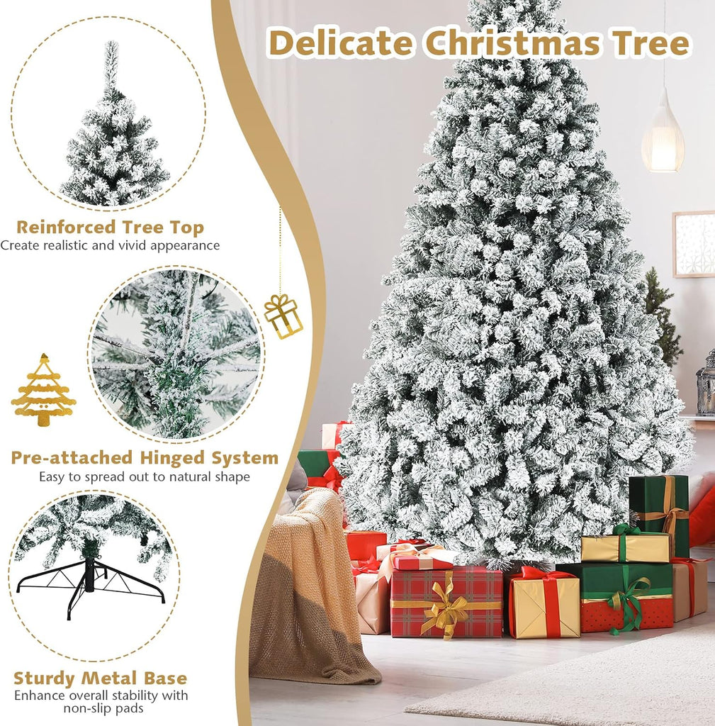 Pre-lit Snow Flocked Artificial Christmas Tree w/ 1498 PVC Branch Tips, Pre-Strung 550 Warm White Led Lights