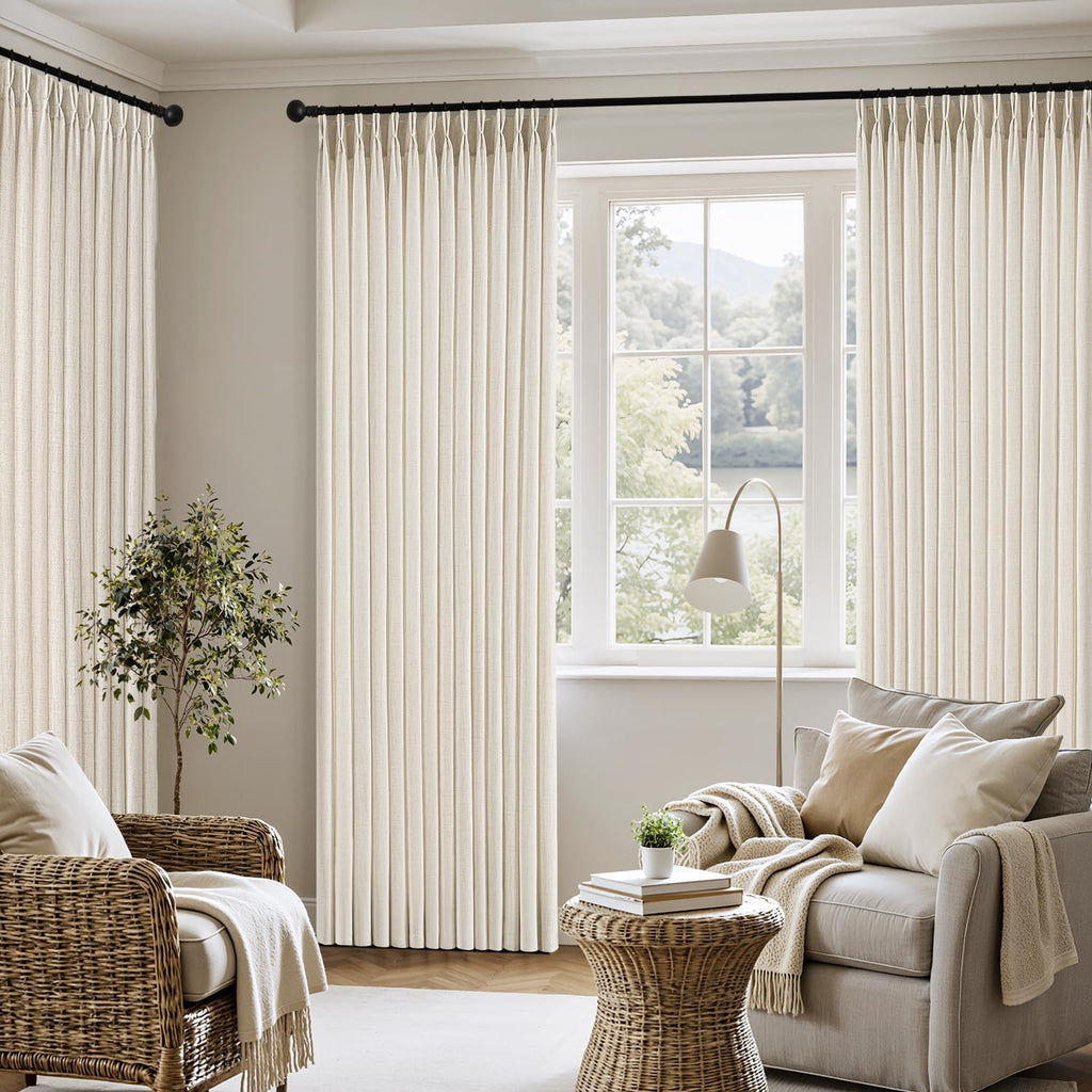 Pinch Pleated Thick Linen Curtains 90 Inches 4 Panels Set Ivory Cream Back Tab Memory Trained Pinch Pleat Semi Sheer