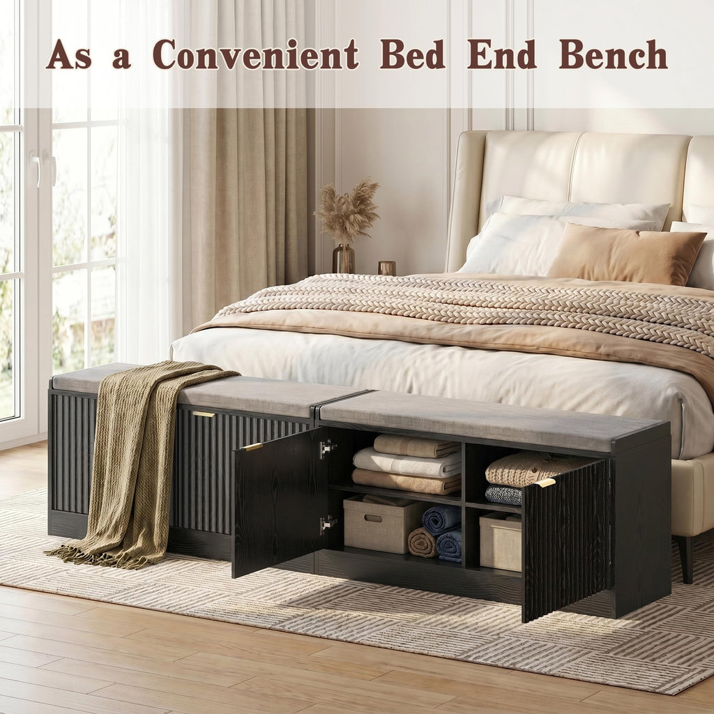 2-Tier Fluted Shoe Storage Bench with Adjustable Shelves and Cushion, Black丨Entryway Shoe Bench Hidden Shoe Cabinet