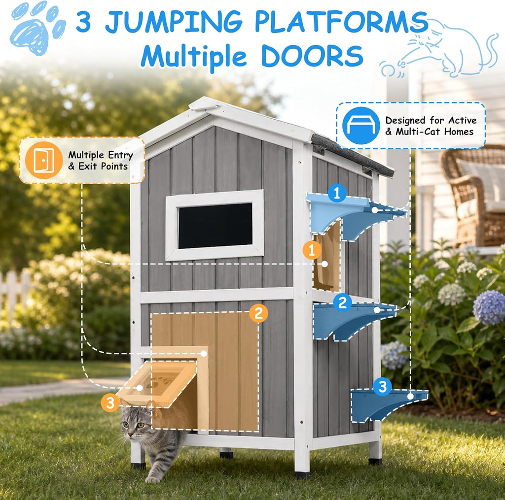 Insulated 2-Story Outdoor Cat House Weatherproof Shelter, Grey