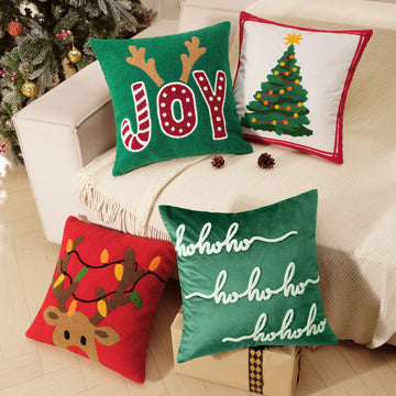 Pack of 4 Christmas Throw Pillow Covers, Plush Sherpa Fleece Reindeer Cushion Soft Velvet Xmas Tree Decorative