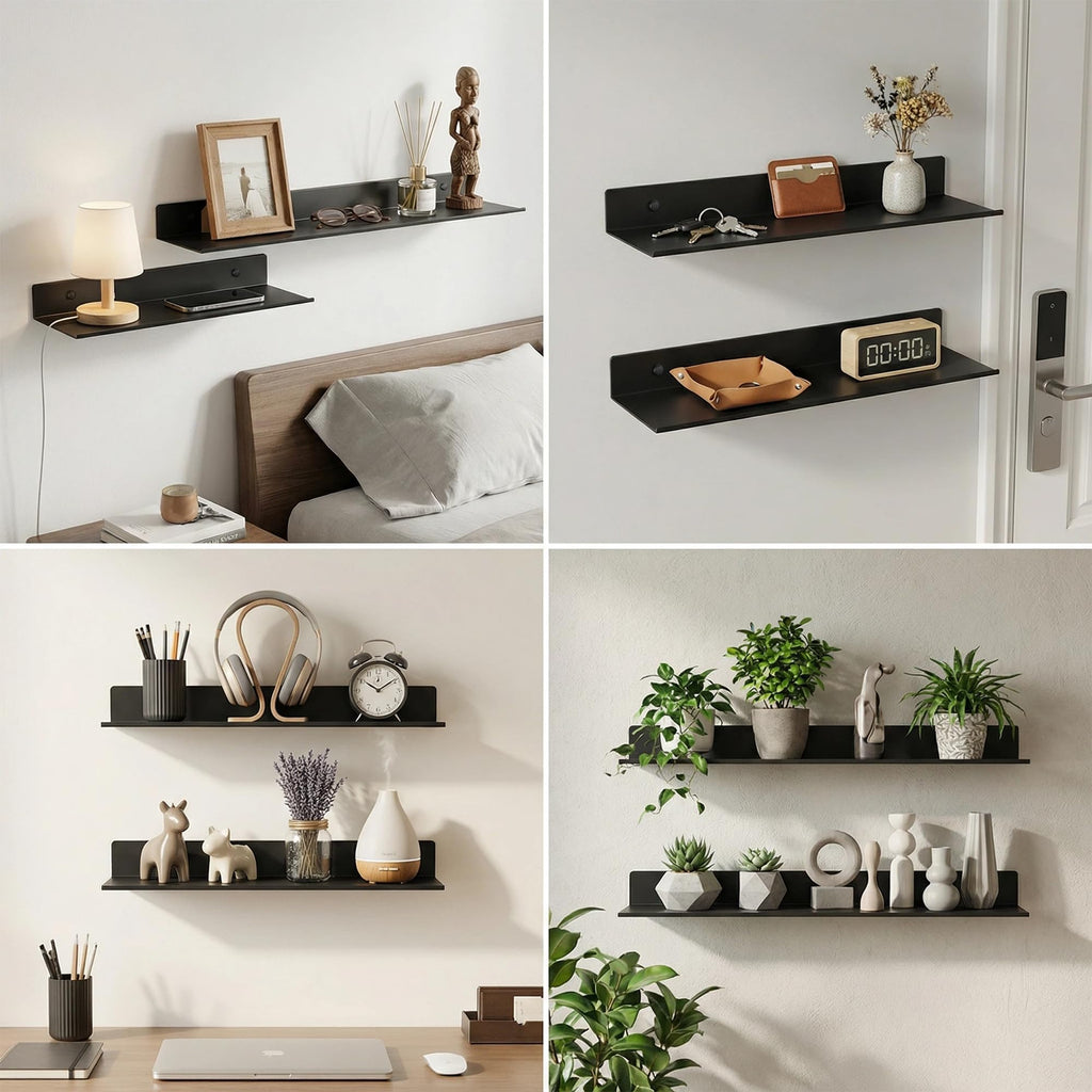Bathroom Shelf, Small Floating Wall Shelves, Decorative Ledge Shelf, Aluminum, Wall Mounted, Matt Black, 24/20/16