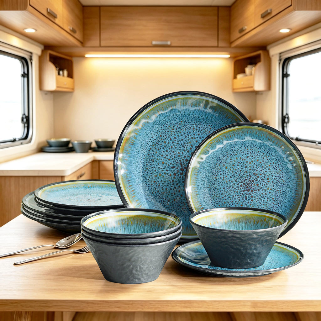 Melamine Dinnerware Sets, 12 Pcs Plates and Bowls for 4, Blue and Black