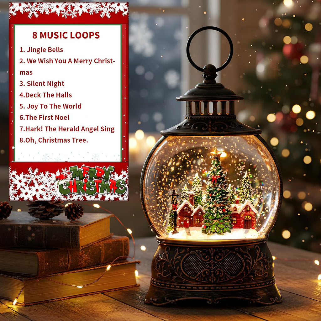 Christmas Village Snow Globe Lighted Christmas Tree and Village Scene, Musical Snow Water Lantern Swirling Glittering