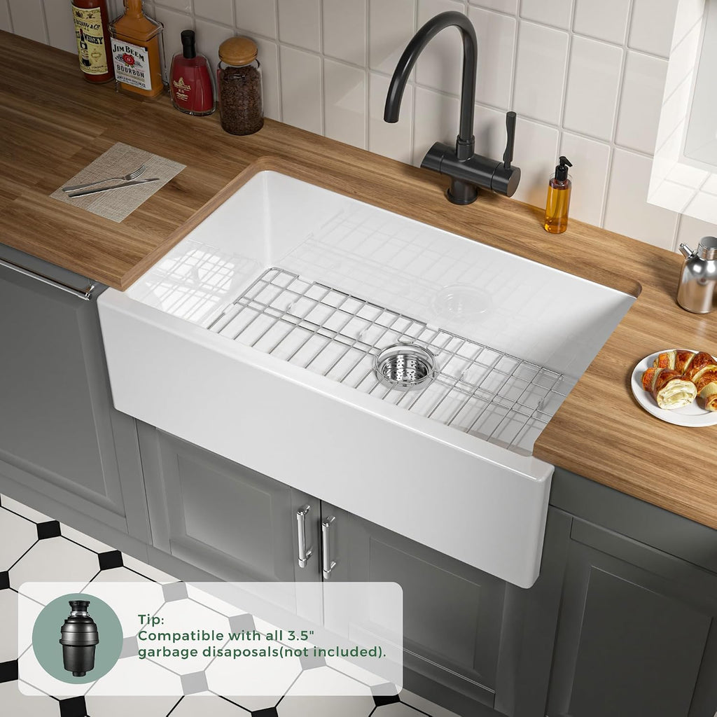 Self Trimming Farmhouse Sink 33 Inch, White Fireclay Kitchen Sink | Tall Apron Front 33"Wx20"Dx10"H , Heavy Duty,Farm