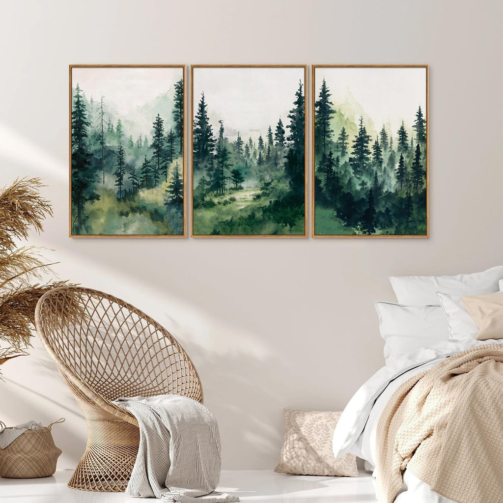 Watercolor Forest Framed Canvas Wall Art Set, Modern Pine Tree Wall Painting, Nature Foggy Landscape Wall Decor