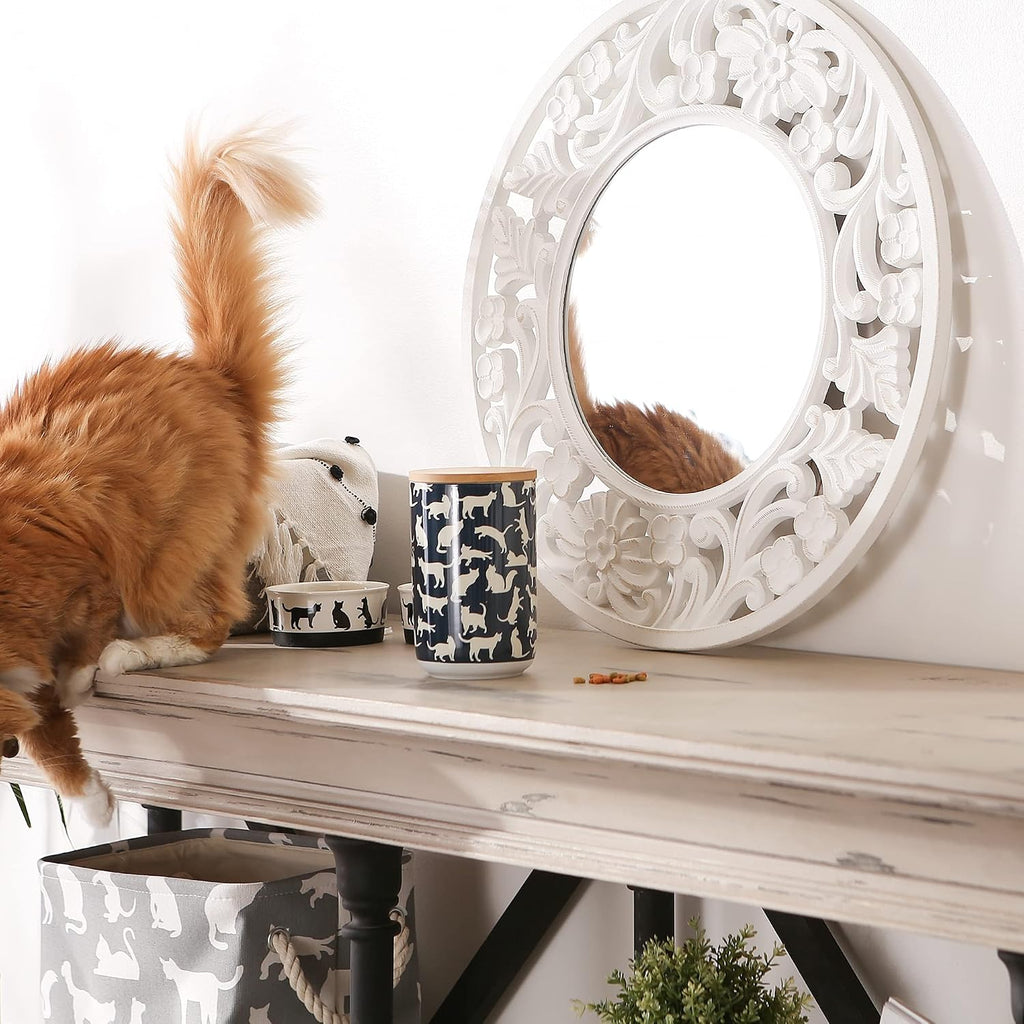 Ceramic Treat Jar for Cats and Dogs, Bamboo Lid, Dishwasher Safe Canister, 4x6.5", Navy, Cat Treats