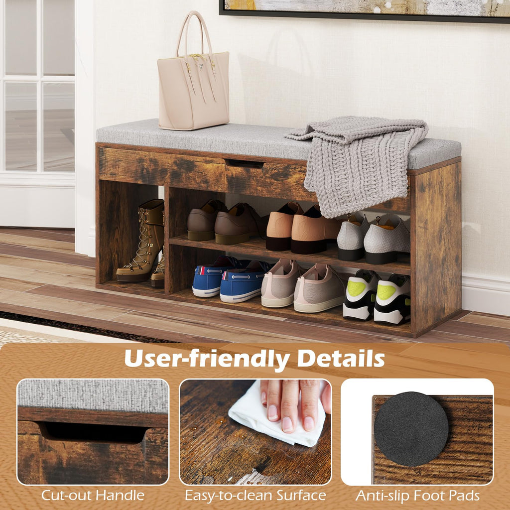 41 Inches Shoe Storage Bench, 3 Tier Shoe Rack Organizer w/Flip-Top & Padded Seat Cushion, Shoes Rack w/Hidden