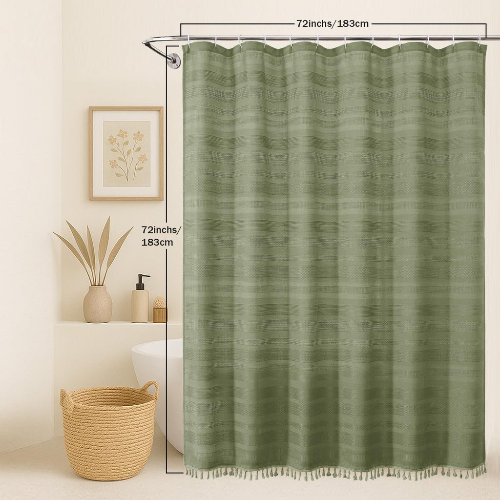 Sage Green Shower Curtain, Boho Linen Textured Shower Curtain with Tassel, Rustic Striped Heavy Duty Vintage Country