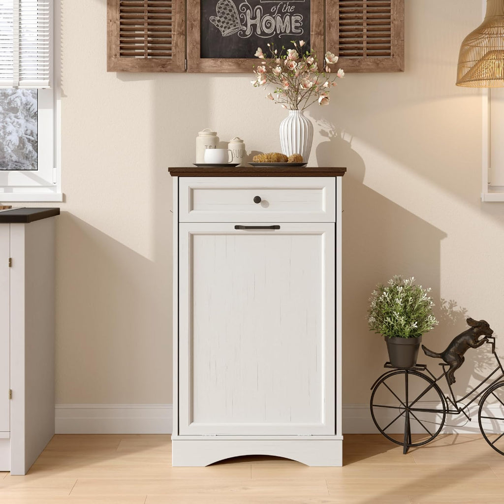 Tilt Out Trash Can Cabinet 13 Gallon Hidden Trash Garbage Can Cabinet with Drawer, Waterproof Cutting Board, Pet Proof