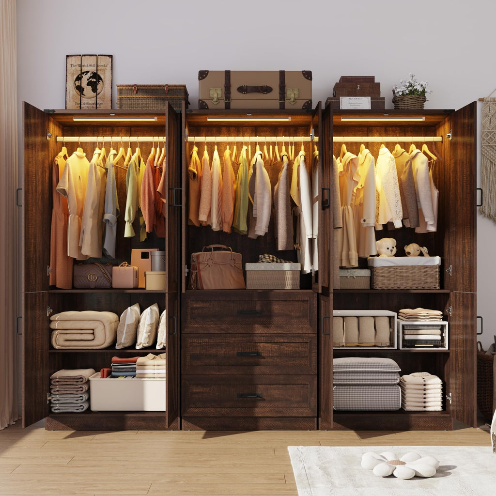 75" Tall Farmhouse 6 Doors Armoire Wardrobe Closet with 3 Drawers and LED, Freestanding Closet Wardrobe Cabinet with