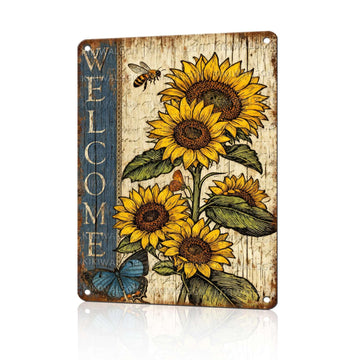 Vintage Sunflower Tin Sign Welcome Retro Garden Metal Sign Rustic Nostalgic Wall Decor Garden Plaque Yard Bar