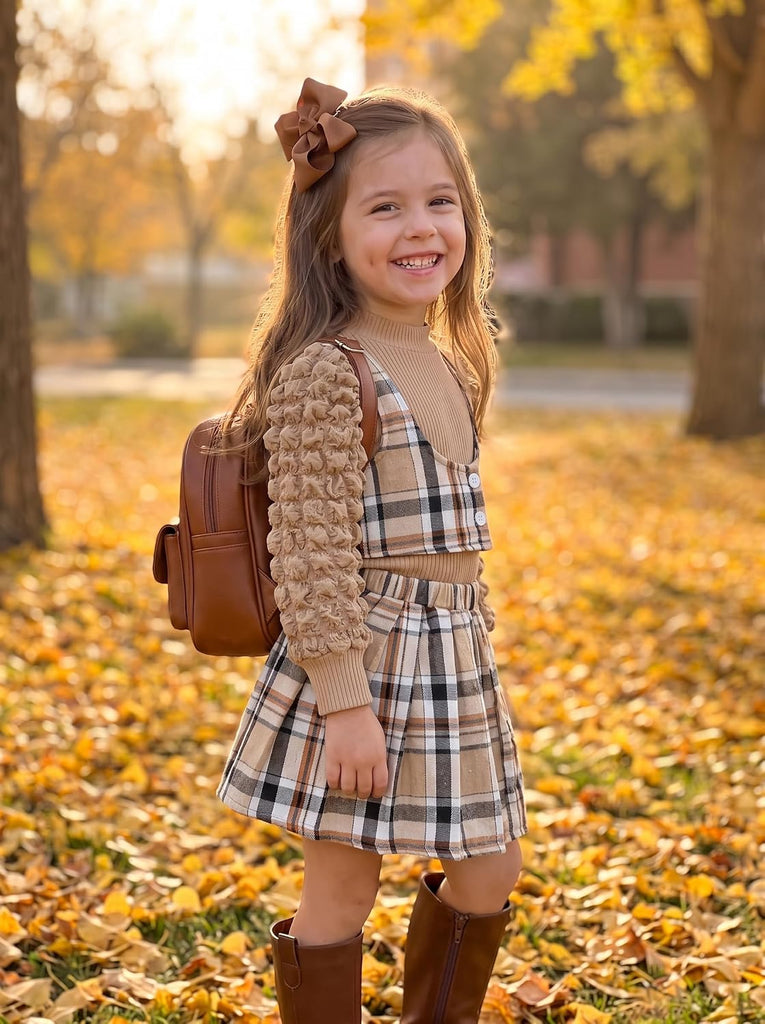 Toddler Girls Fall Winter Outfits Girls Puff Sleeve Knit Ribbed Tops Button Down Vest Plaid Skirt Set Fall Clothes