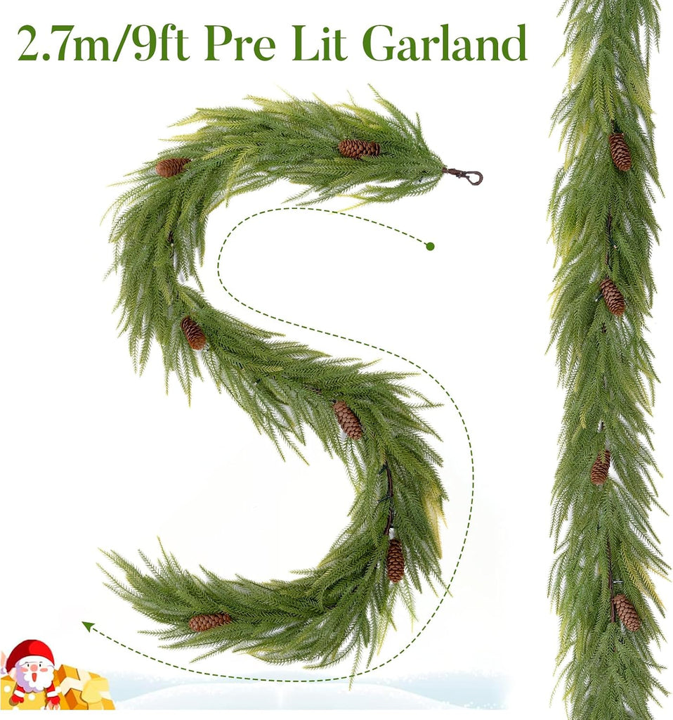 9FT Norfolk Pine Garland with Lights, Lighted Christmas Garland with Timer & 8 Lights Modes- Prelit Battery Operated