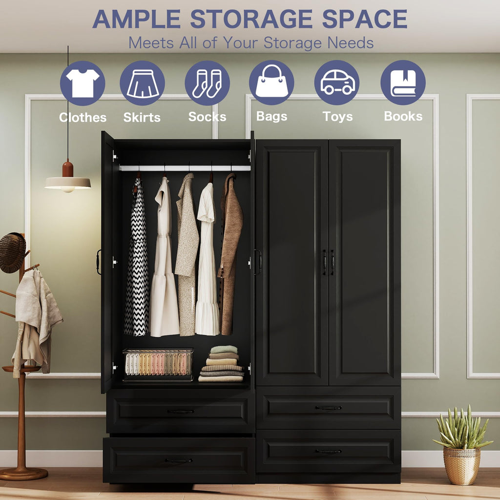 Black Wardrobe Closet with 4 Drawers and 4 Doors, 75" H x 63" W