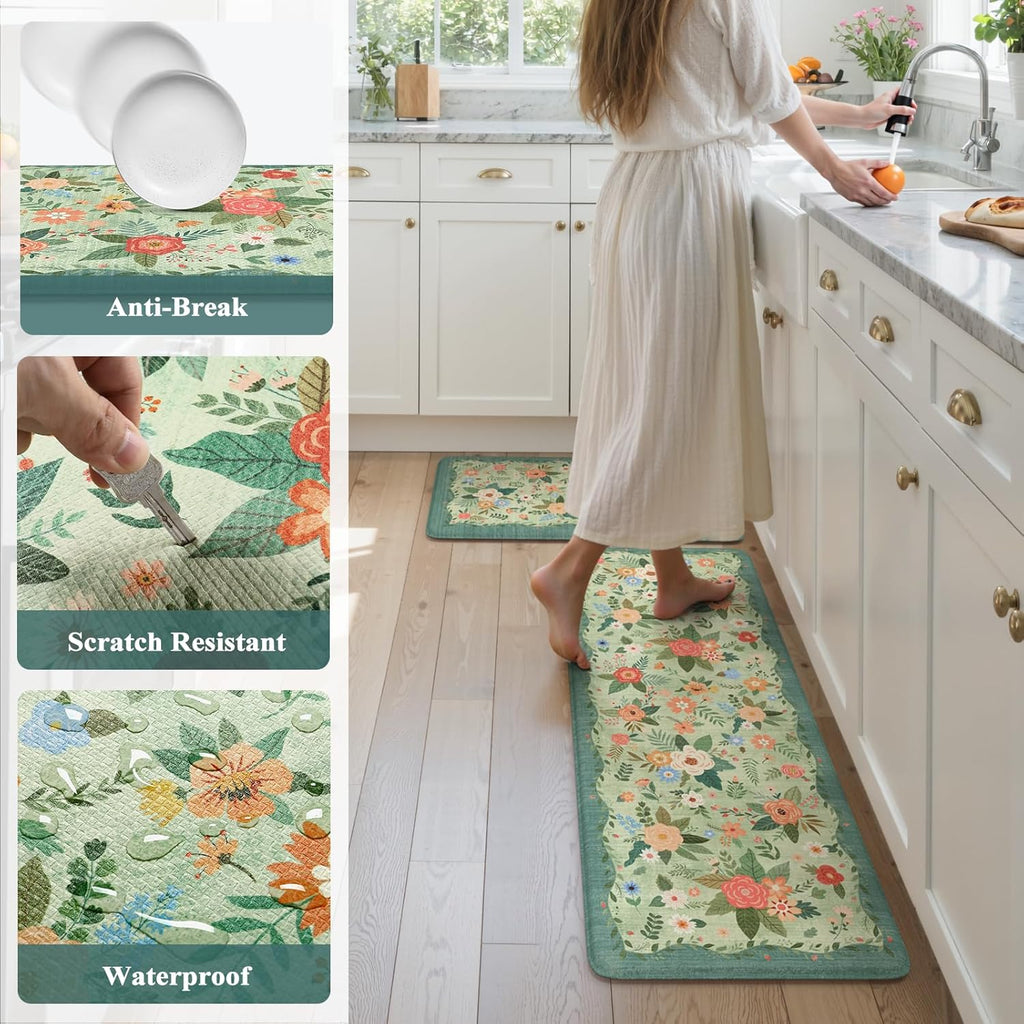 Anti Fatigue Mats Floor Green Farmhouse Kitchen Rugs | 17"x47"+17"x29" Kitchen Rugs Sets of 2 Cushioned Kitchen Floor