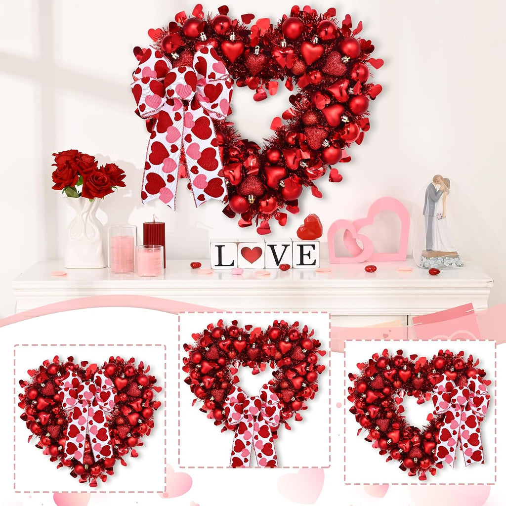 14.2'' Valentines Day Wreath, Heart Wreaths for Front Door, Red Valentine Wreath Decorations with Bowknot Lights