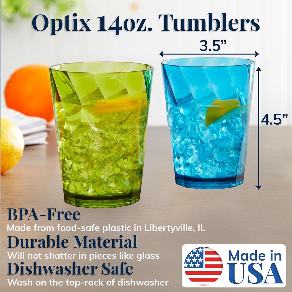 Optix Plastic Reusable Drinking Glasses (Set of 8) 14oz Rocks Cups in Jewel Tone Colors | BPA-Free Tumblers, Made in
