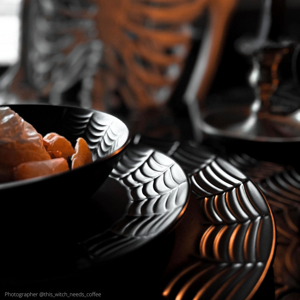 Spiderweb Dinnerware Set, 16 Piece Spooky Dishes, Gothic Matte Black