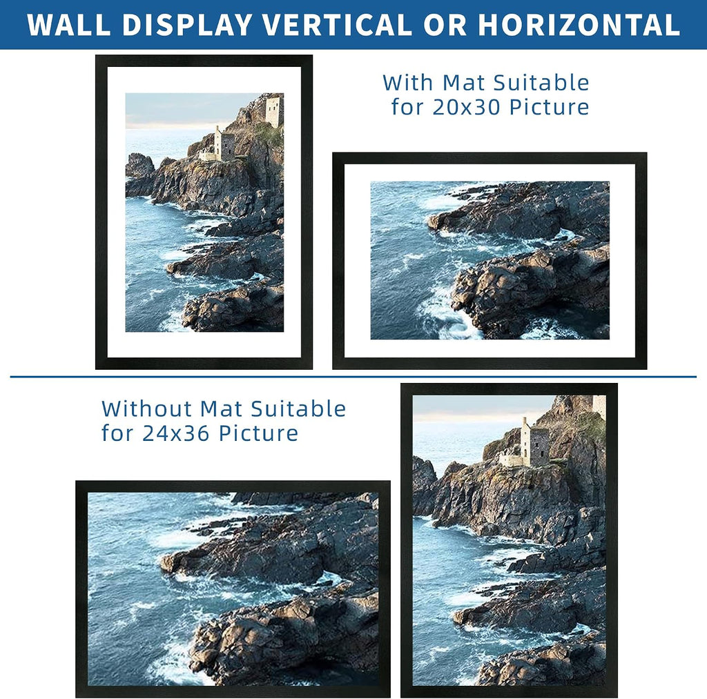 24x36 Poster Frame Set of 2, Rustic Black Wood Style - Display 24 x 36 Poster without Mat or 20x30 Picture with Mat