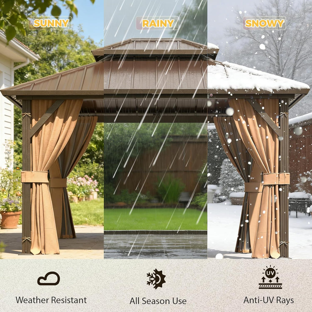 10' x 12' Gazebo Hardtop with Aluminum Frame,Galvanized Steel Double Roof Gazebos with Curtain and