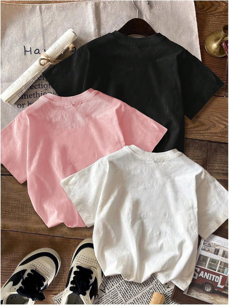 Girl's 3 Packs T Shirts Set Letter Graphic Tees Summer Tee Shirt