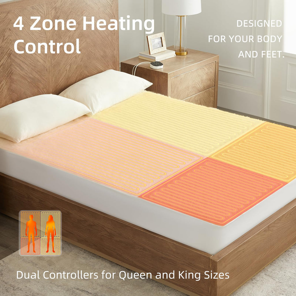Wool Electric Mattress Pad King, Multi-Zone Dual Control Heated Mattress Pad, Bed Warmer with 9 Heat Settings, 1-12