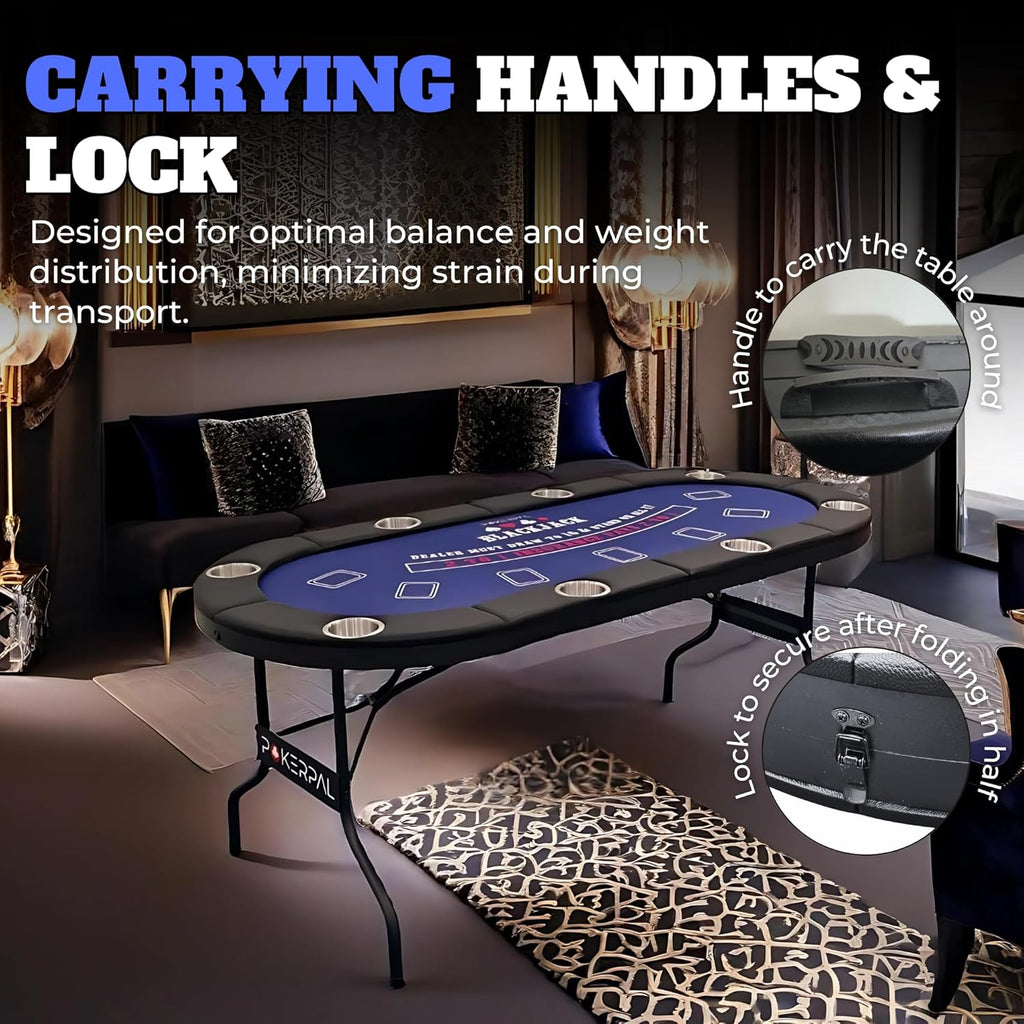 8 Player Poker Table with 2 Interchangeable Game mats, Texas Holdem and Blackjack, Collapsible Casino Table with