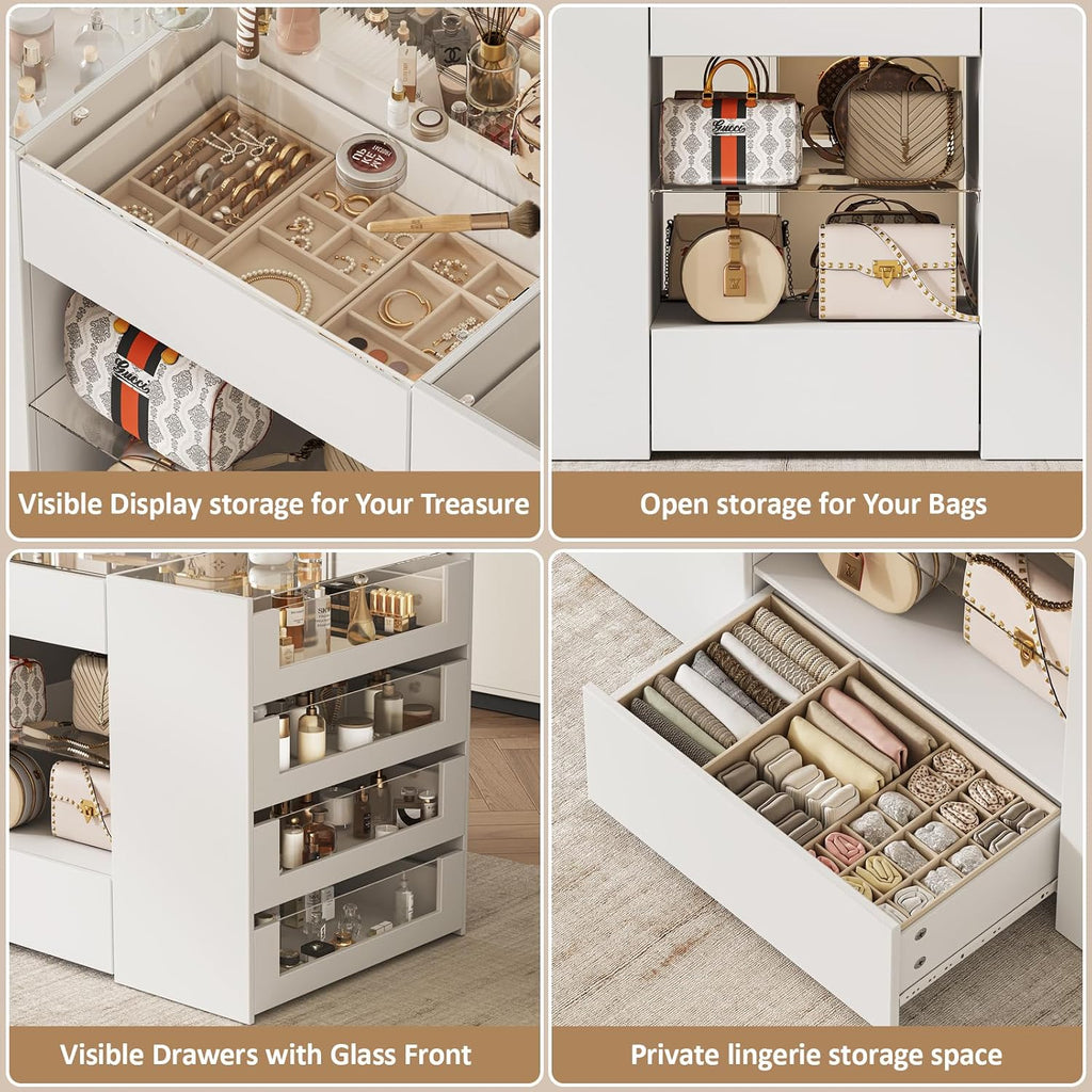 Closet Island with 12 Drawers, Glass Top & Display Shelves, White | Wardrobe Armoire Bedroom Island, White Dresser