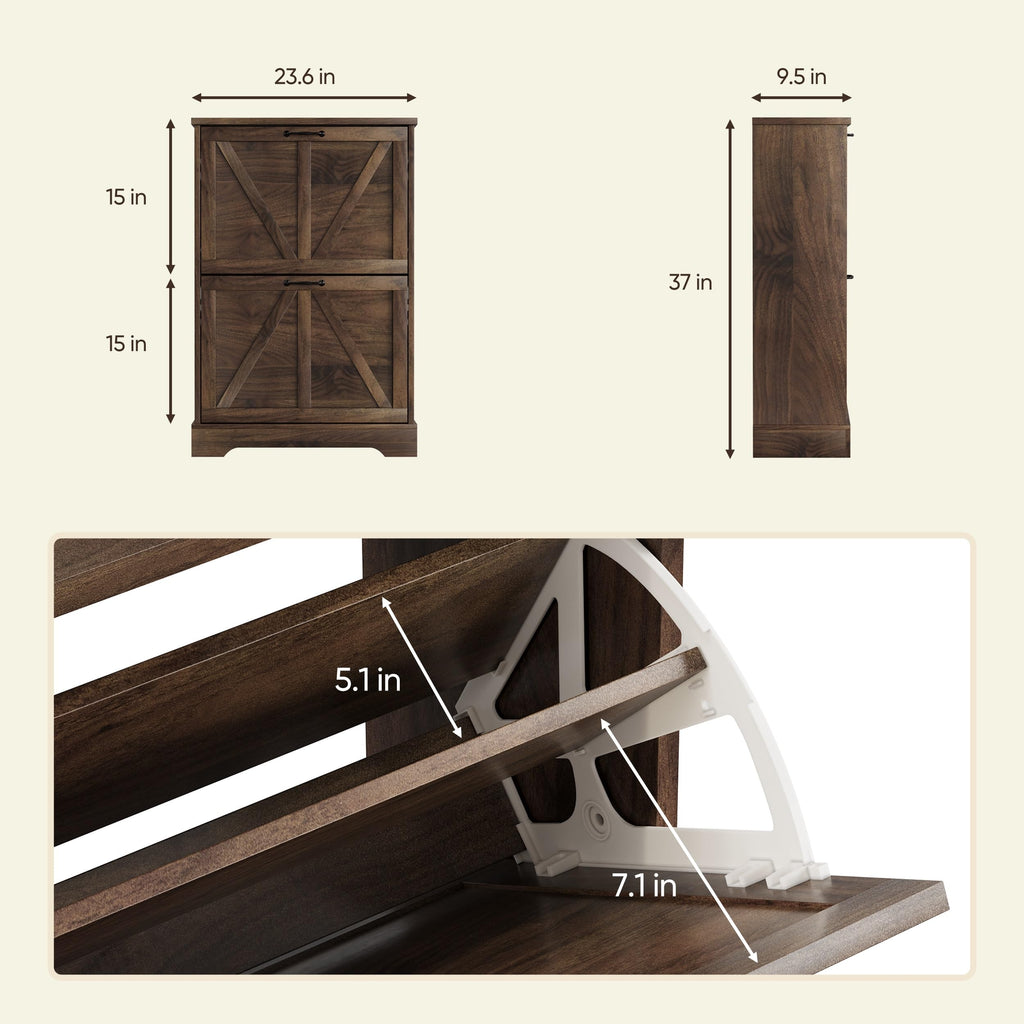 Farmhouse Shoe Storage Cabinet with 2 Flip Drawers, 23.6"(W) Freestanding Shoe Organizer with Barn Door and Metal