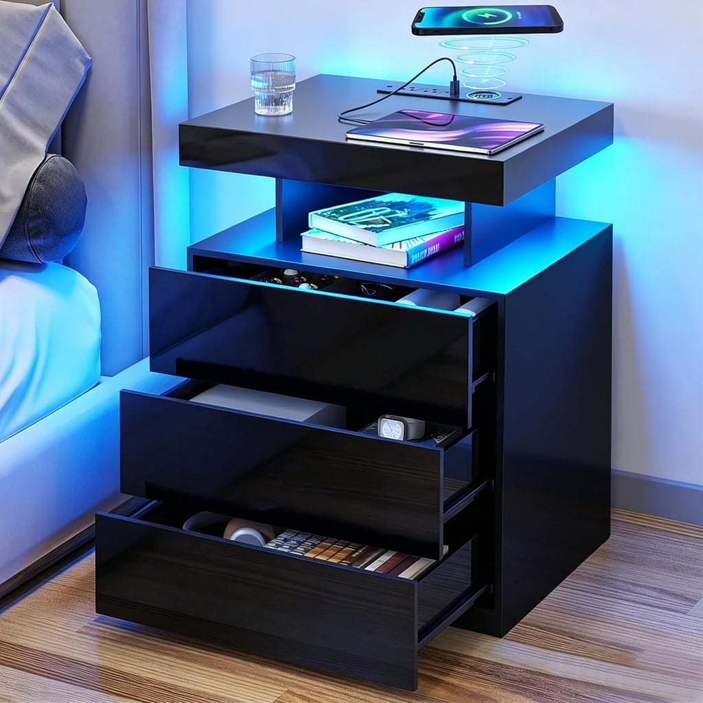 LED Nightstand with Wireless Charging Station & USB Ports, Modern Bedside Table, 3 Drawer Black Night Stand with Open
