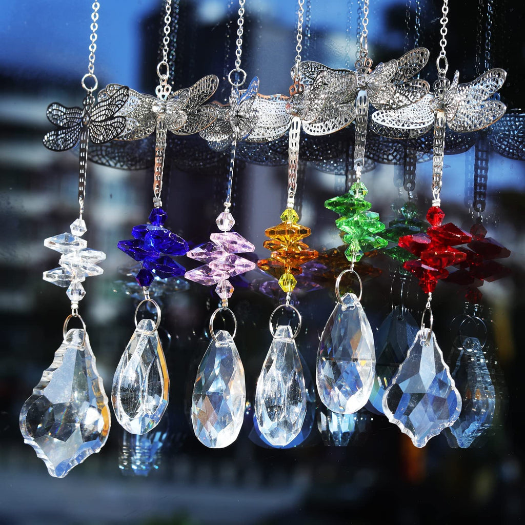 Dragonfly Crystal Prisms Bead Hanging Crystal for Windows Garden Wedding Christams Decor Mirror, Set of 6