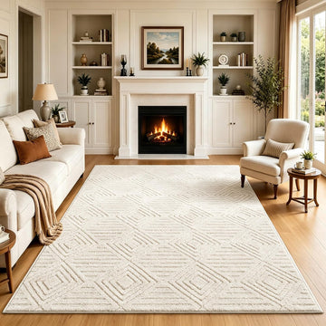 Capsplad 5x7 Area Rugs High-Low Pile Rugs Checkered Cream