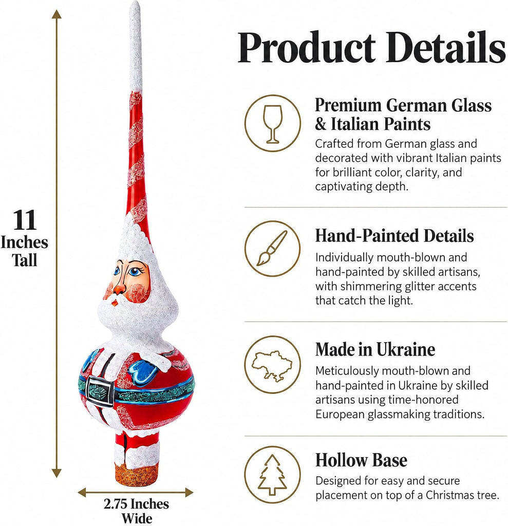 Santa in Red & White Suit Glass Christmas Tree Topper 11 Inches