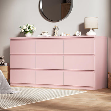 White 9 Drawer Dresser ,Modern Wood Dressers & Chest of Drawers with No-Handle Design, Long Dressers for Closet