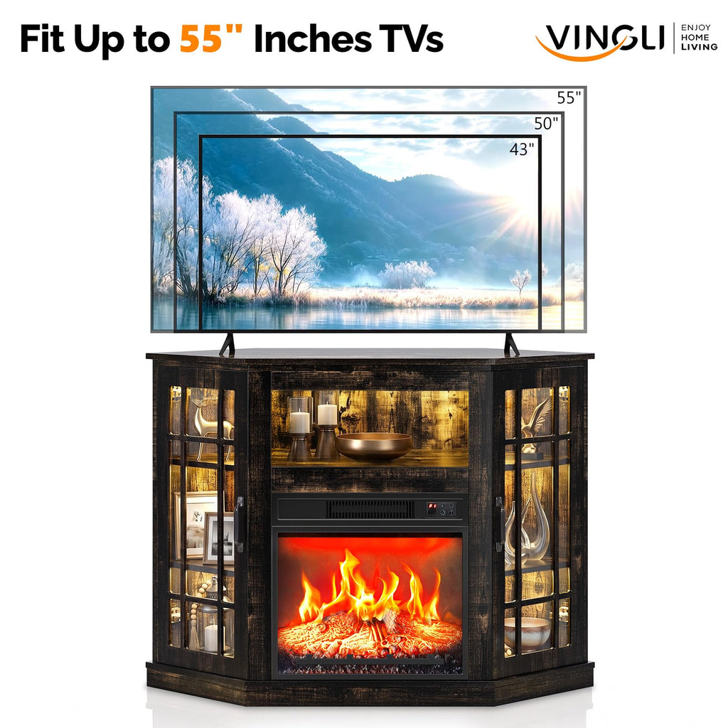 Corner Fireplace TV Stand with Storage for TV up to 55", Black