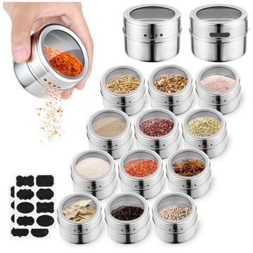 12pcs Stainless Steel Spice Jars, Magnetic Condiment Tins Magnetic Spice Jar With Clear Lid And Holes Sift&Pour