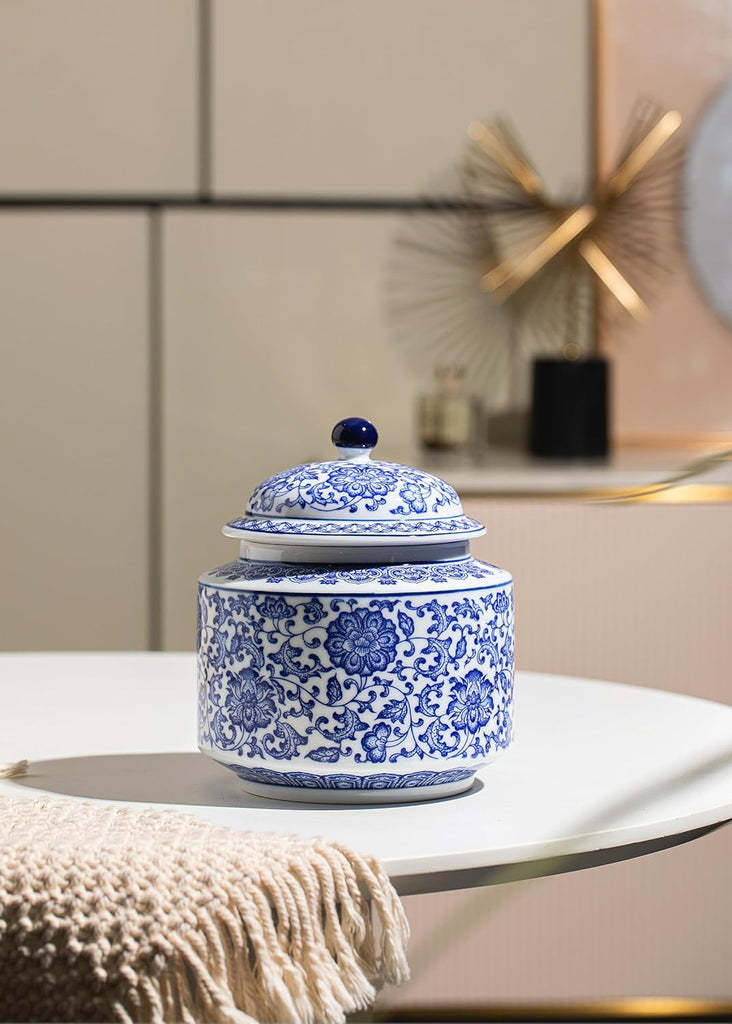 Blue and White Ginger Jar, Ceramic Chinoiserie Decorative Jars, Ginger Jar Vase Pocelain for Table, Living Room