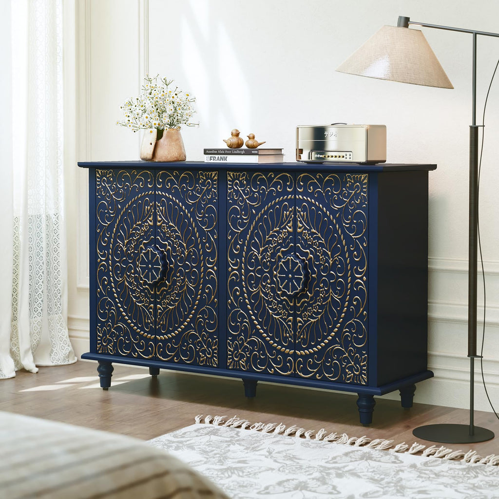Sideboard Buffet Cabinet with Storage, 48" Decorative Accent Cabinet with Carved Flower Pattern, Modern Blue Credenza