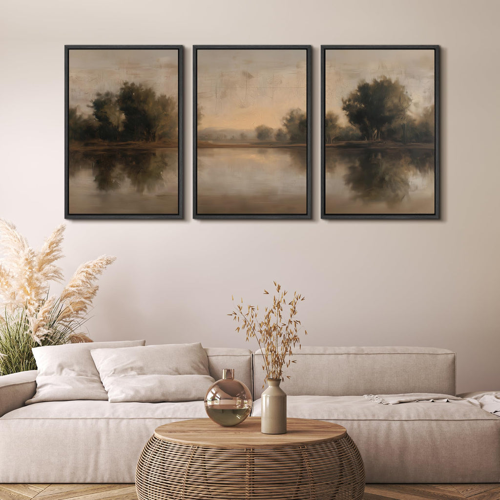 Framed Wall Art Print Set Neutral Tone Lake Reflection Landscape Illustrations Modern Art Boho Decorative Colorful