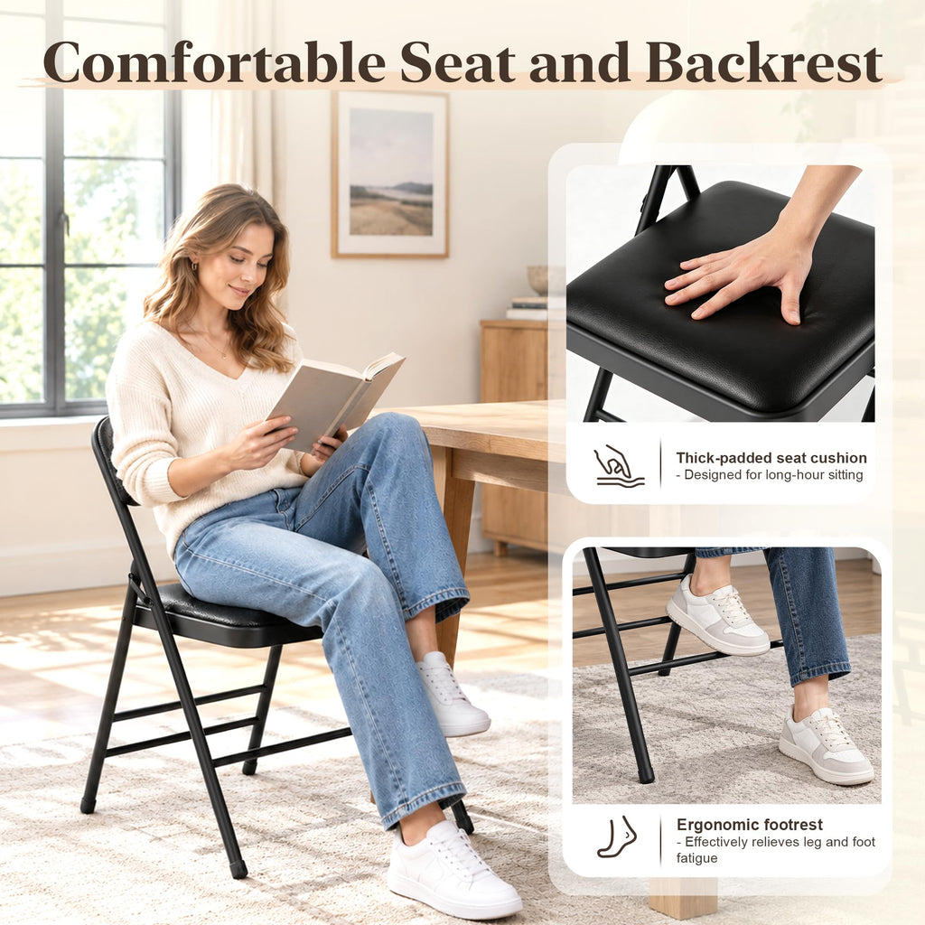 8 Pack Padded Folding Chairs, Capacity 350 LBS Foldable Chair, PU‐Black