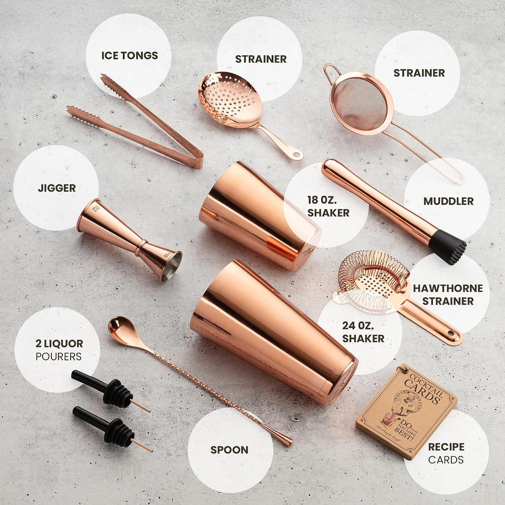 Deluxe Copper Cocktail Shaker Set - Weighted Boston Shaker Kit for Bartenders - Includes Japanese Jigger, Muddler - Set of 11