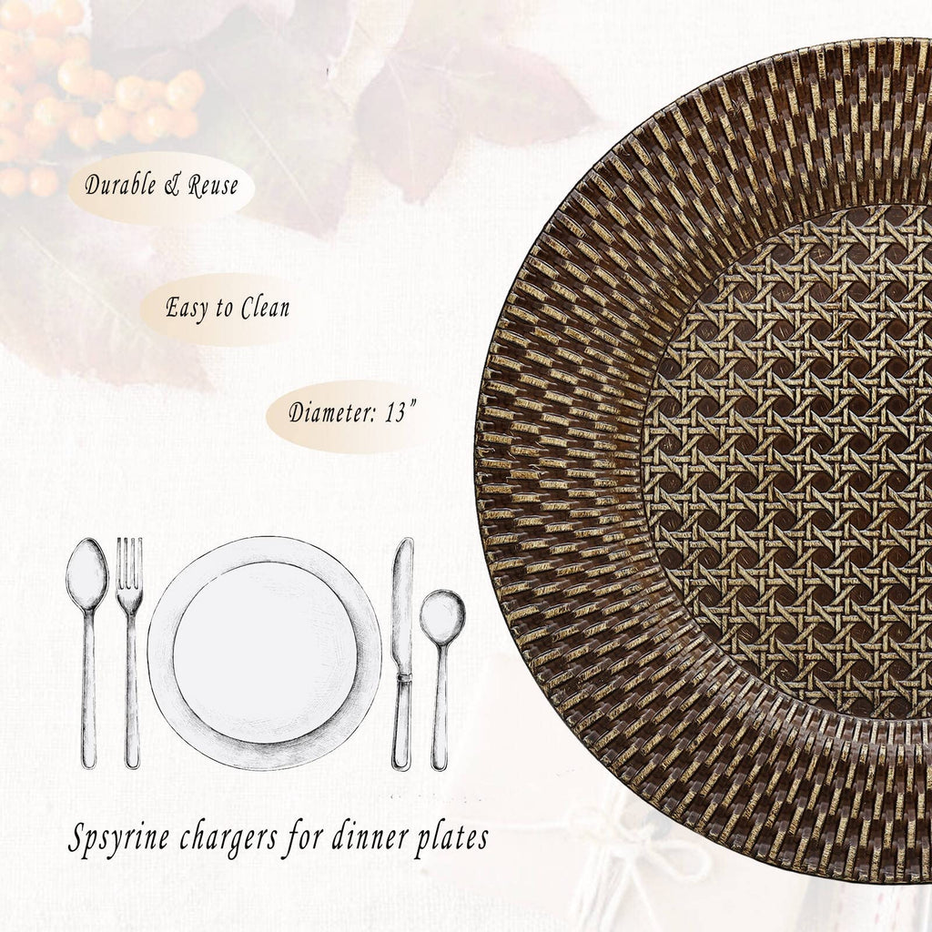 Faux Rattan Plastic Rustic Charger Plates, Set of 6 Elegant Round Plate Chargers for Dinner, Decorative for Events
