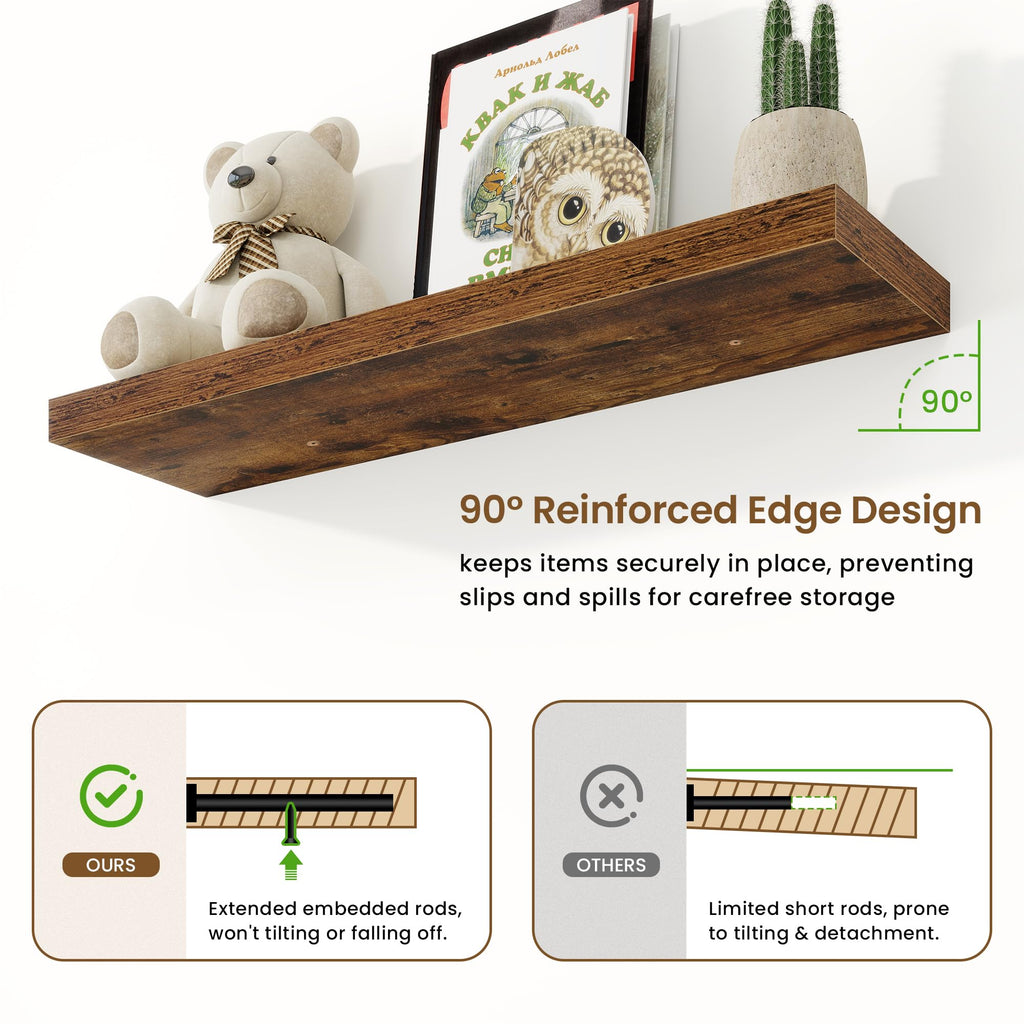 9.25in Depth 36in Floating Shelves, 36x9.25x1.4, Rustic Brown, Set of 2