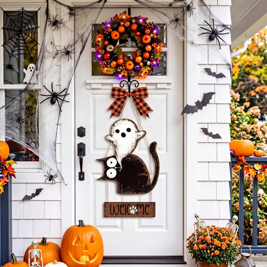 Halloween Door Decorations Cat Ghost Halloween Front Door Sign Hanger Wreath Rustic Wooden Welcome Hanging Sign Porch