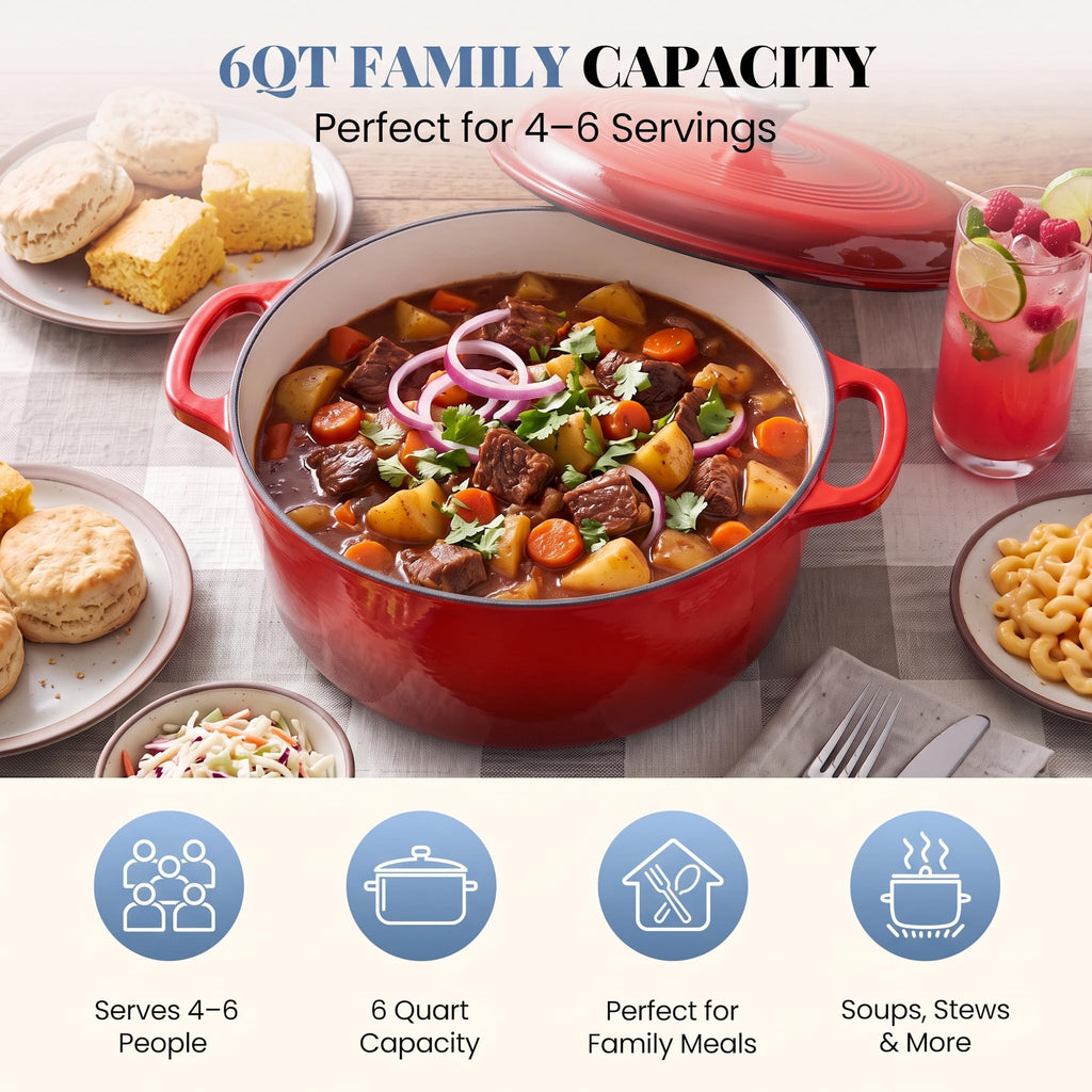 Enamel Cast Iron Dutch Oven, 6 Quart Pot with Lid, Gradient Red
