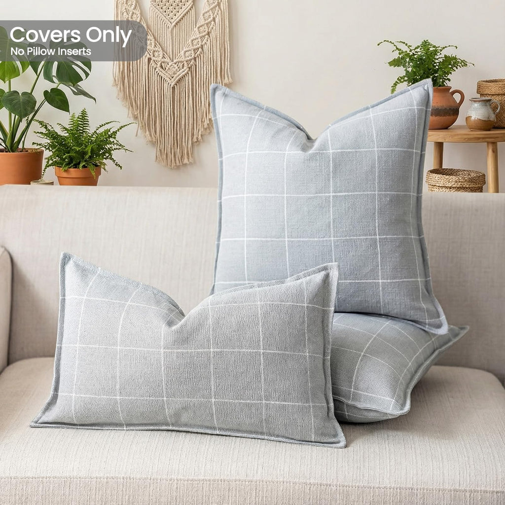 Gray Pillows Neutral Grey Plaid Linen Throw Pillow Covers 20x20 Set of 2