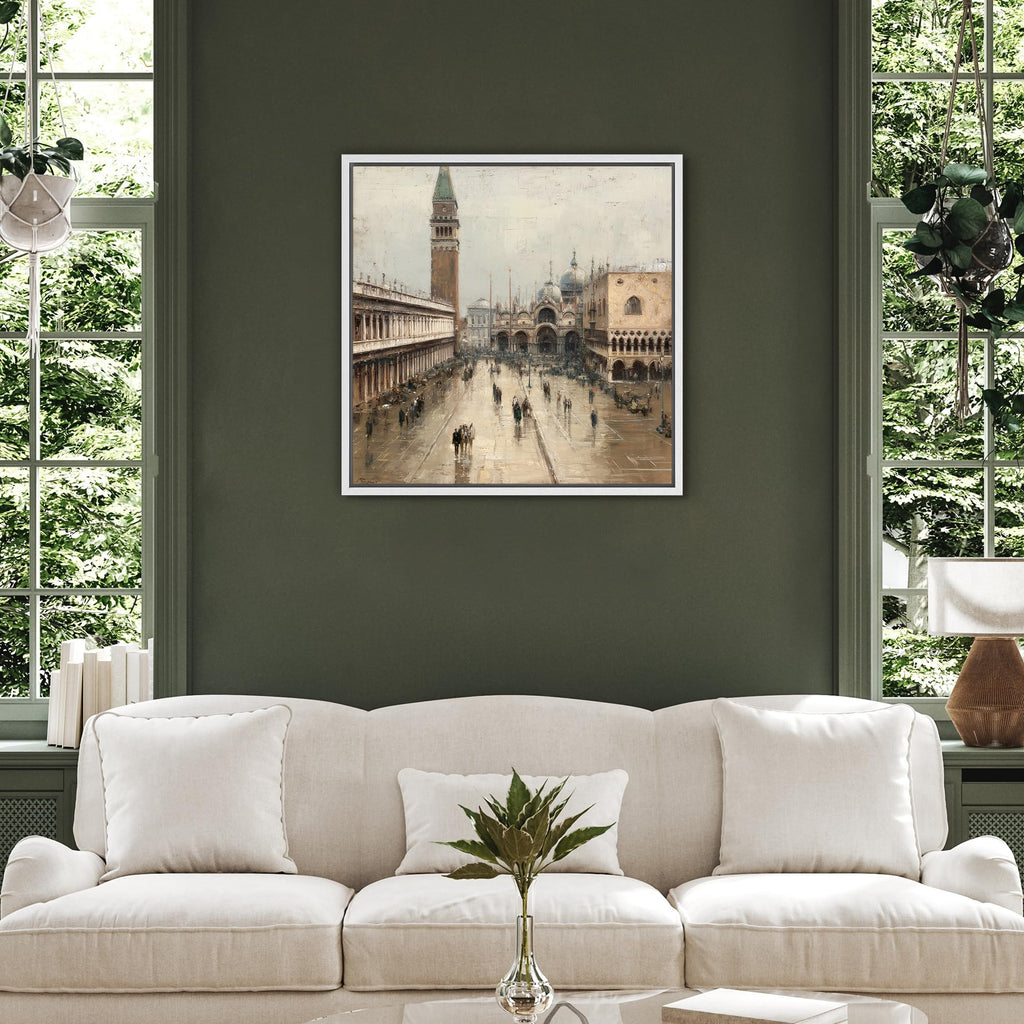 Framed Canvas Print Wall Classic European Cityscape Architecture Illustrations Modern Relax/Calm Warm - 24"x24" WHITE