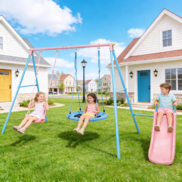 Swing Sets for Backyard with Slide 440lbs Heavy-Duty Metal A-Frame Outdoor Kids Playset with 1 Saucer Swing 1 Belt
