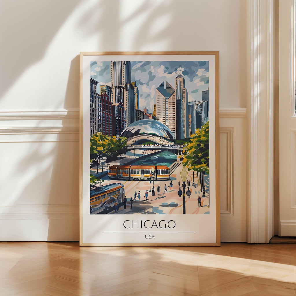Chicago Travel Poster, Premium Giclee Fine Prints - Modern Watercolor Aesthetic Wall Decoration, Eclectic Trendy Boho